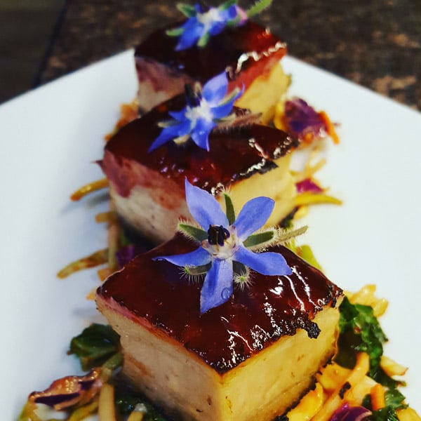 Spicy Prickly Pear-Glazed Pork Belly with Slaw