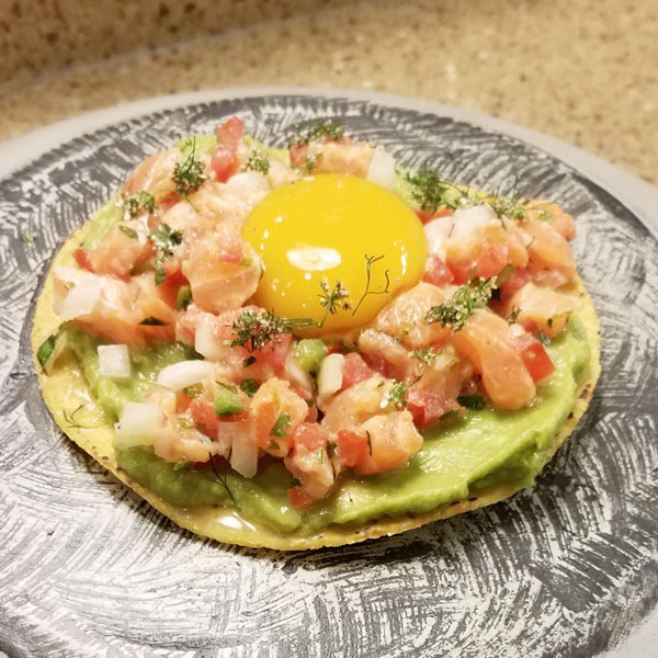 Salmon Tostada with Mango Yolk