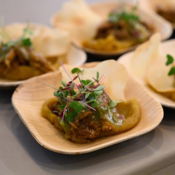 Shredded Authentic Jerk Chicken with Spiced Sweet Potato Yucca Puree Green Apple Salsa