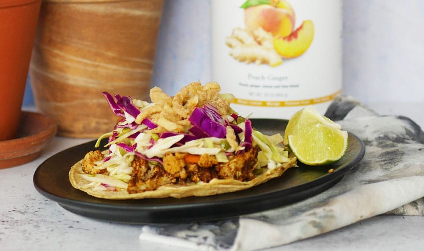 Cauliflower Tacos with Peach Ginger Slaw